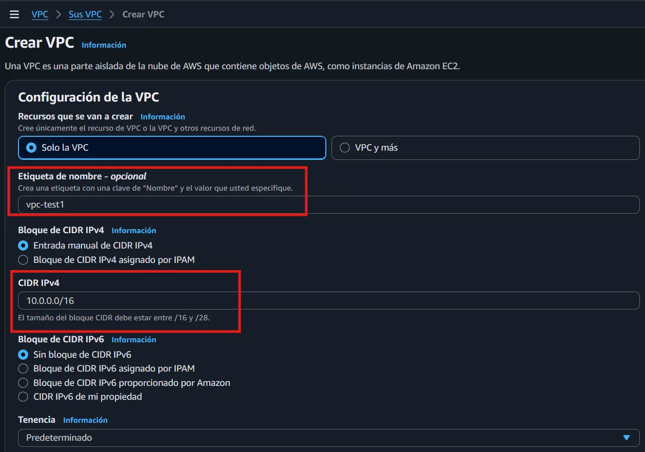 Asistente de creación de VPC en la consola de AWS