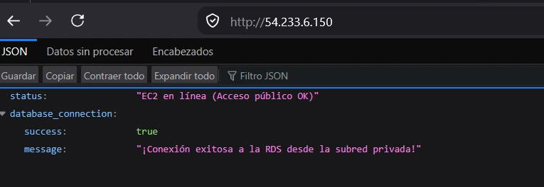 Respuesta JSON final confirmando la conexión exitosa entre EC2 y RDS