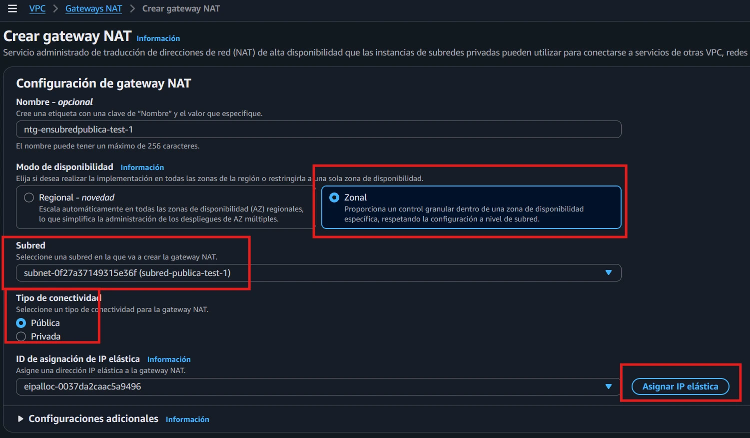 Formulario de creación del NAT Gateway en la consola de AWS