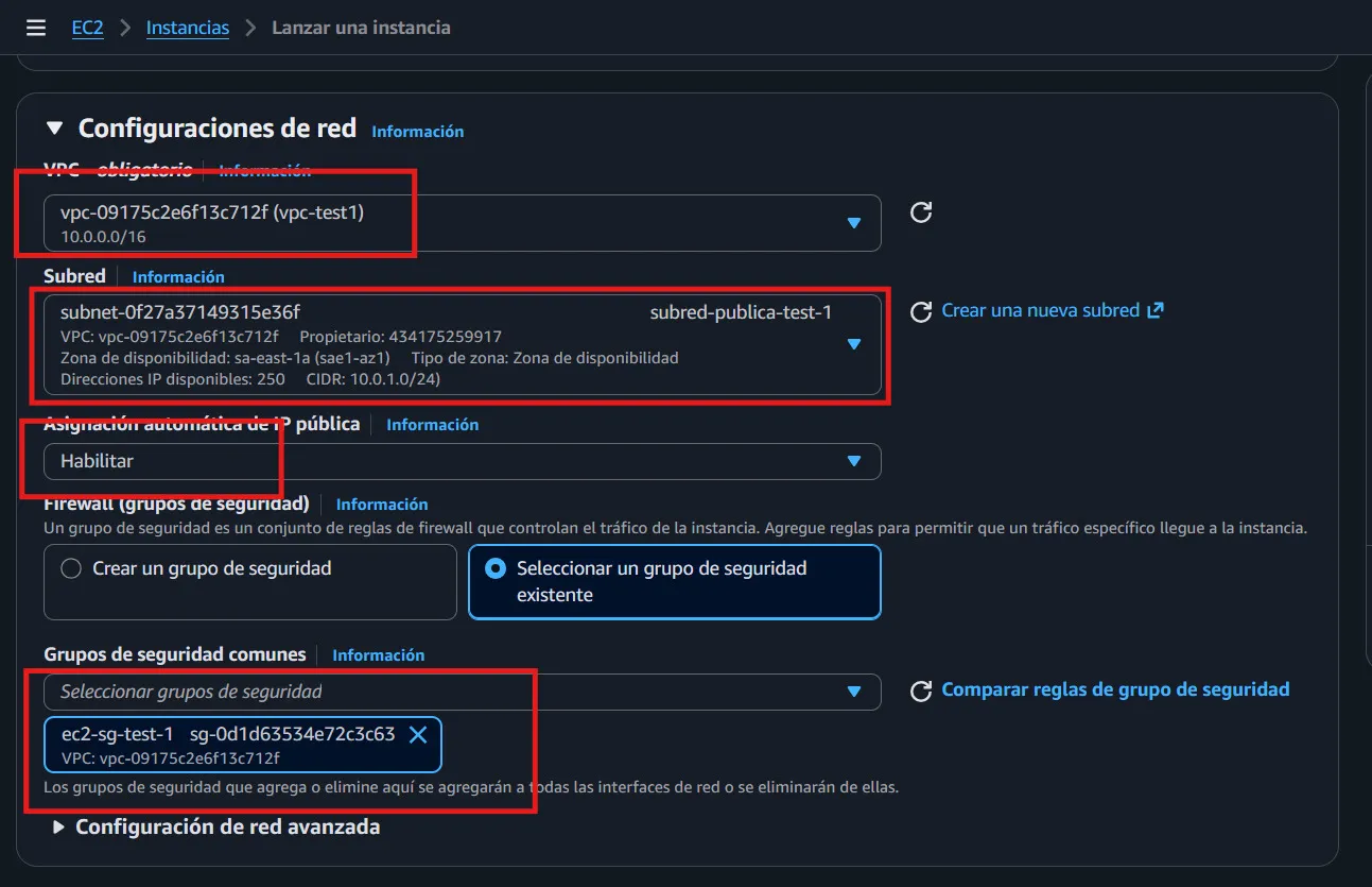 Configuración de red al lanzar la instancia EC2