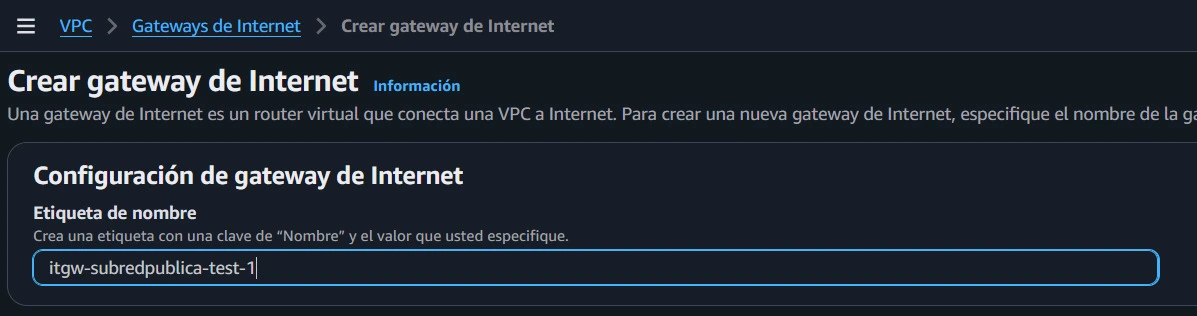 Tabla de ruteo pública con la ruta hacia el Internet Gateway