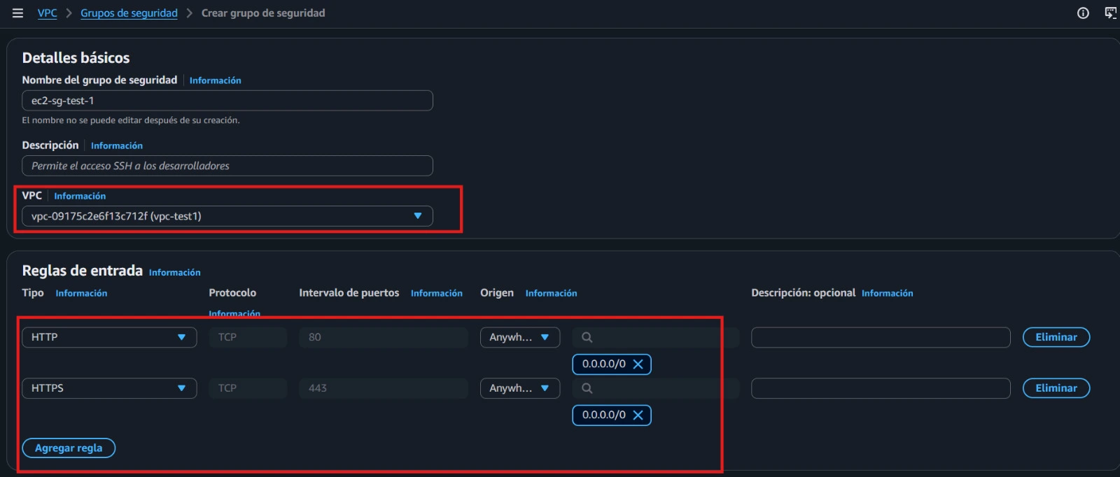 Reglas de entrada del Security Group de la EC2 y de la RDS