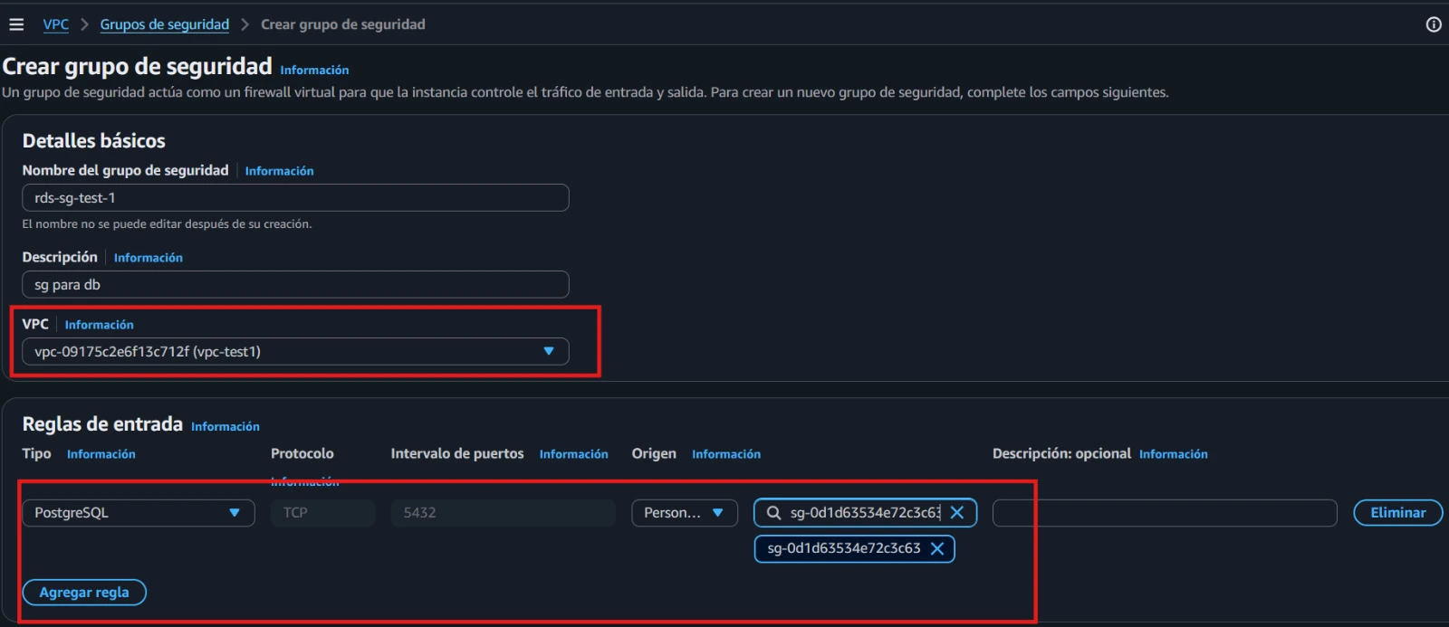 Reglas de entrada del Security Group de la EC2 y de la RDS