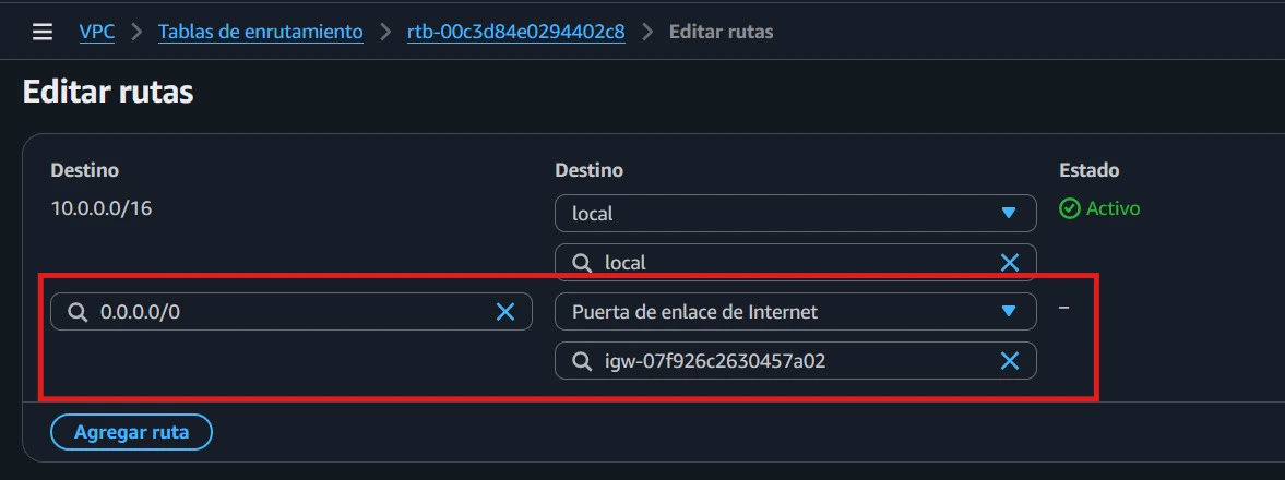 Tabla de ruteo pública con la ruta hacia el Internet Gateway